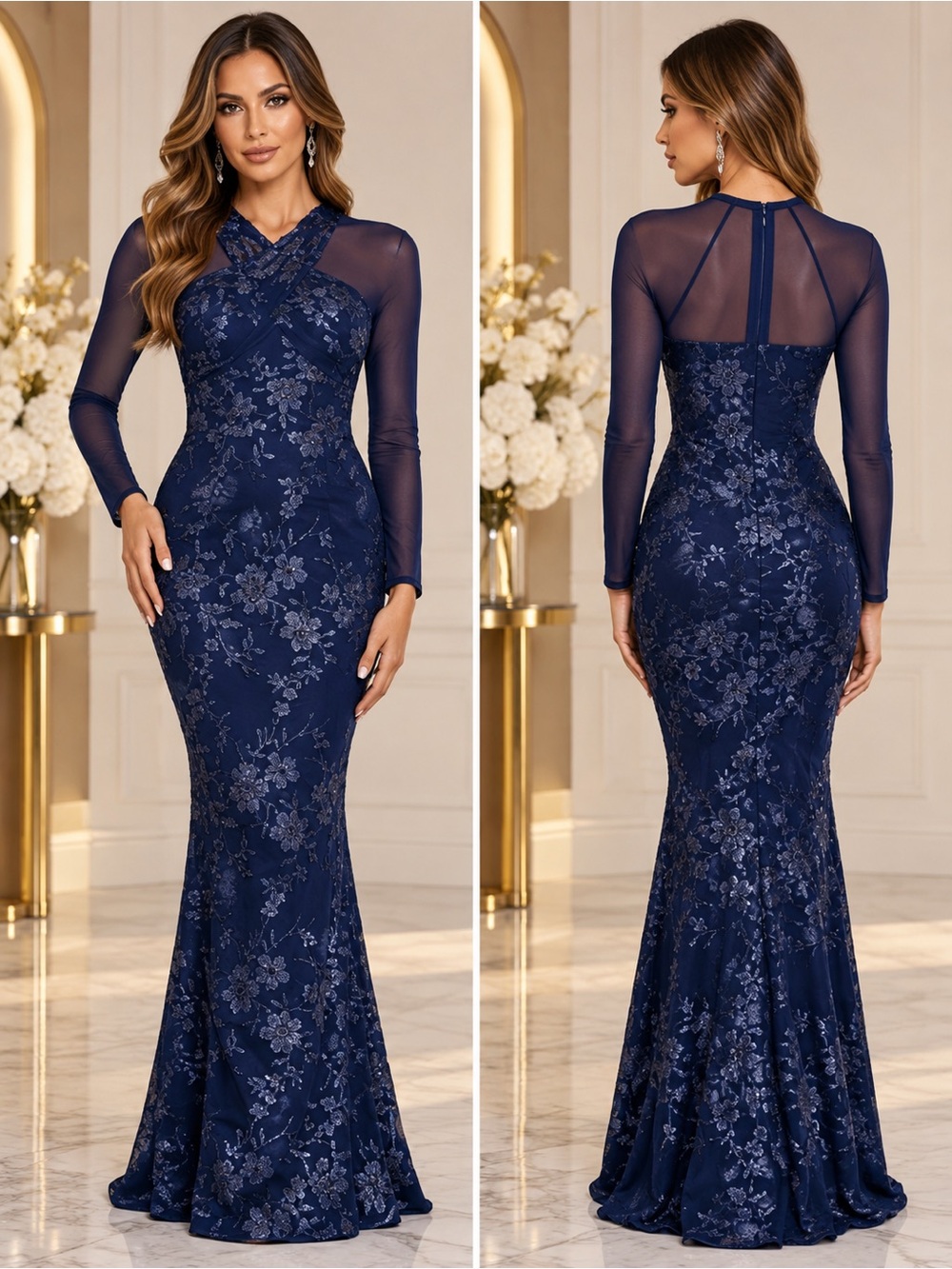 New Bariano Georgia Long Sleeve Glitter Gown – Navy – Size 4
